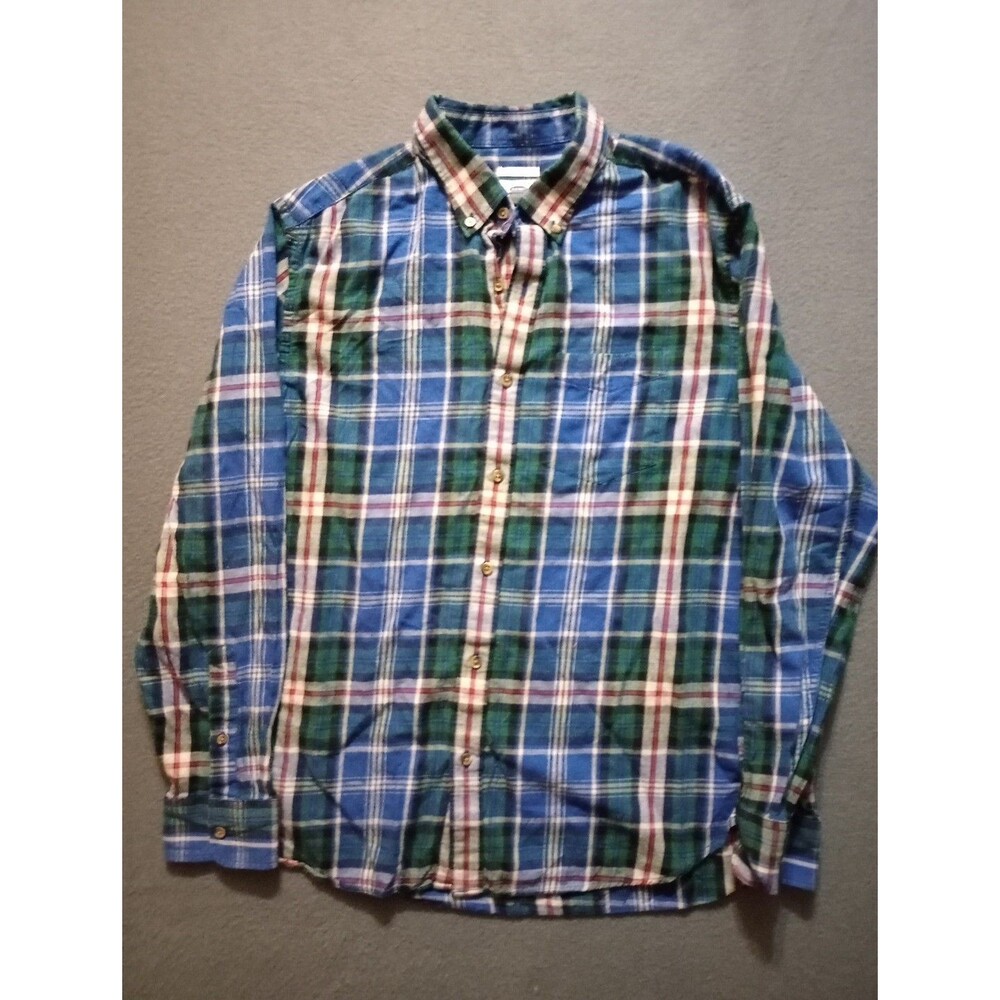 Old Navy Shirt Mens Size L Green Blue Plaid Flannel Long Sleeve Button Up Slim F